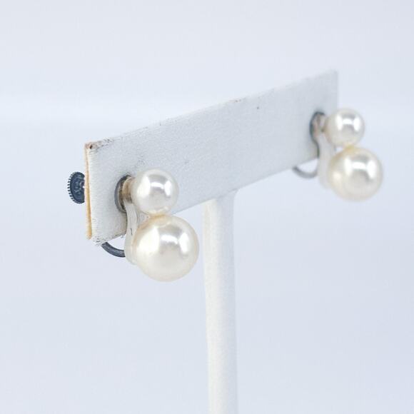 Vintage Sterling Silver 925 Faux Pearl Double Drop Screwback Earrings - Picture 3 of 8